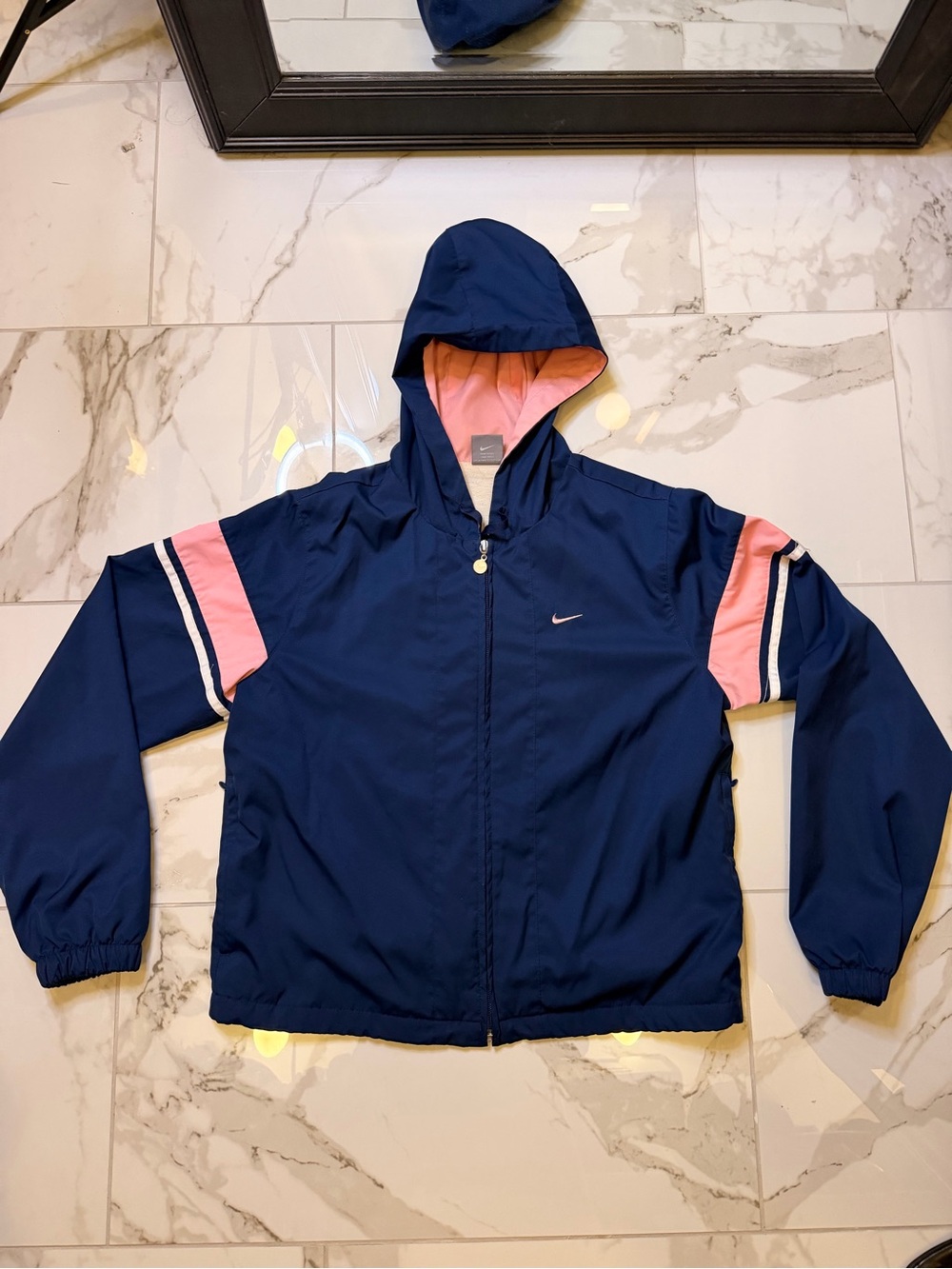 Nike ladies Navy Hooded Windbreaker with Pink Trim